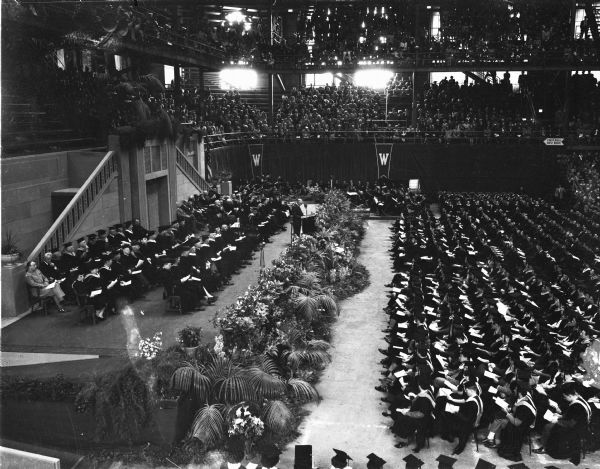 University of Wisconsin-Madison Commencement in the Field House, showing the stage and some 2,000 students,