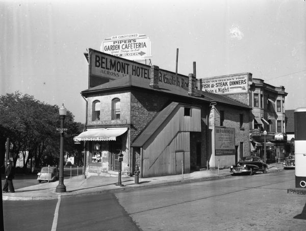 Exterior view of Hartmeyer Meat Market building, located at the corner of North Hamilton and East Mifflin Streets.