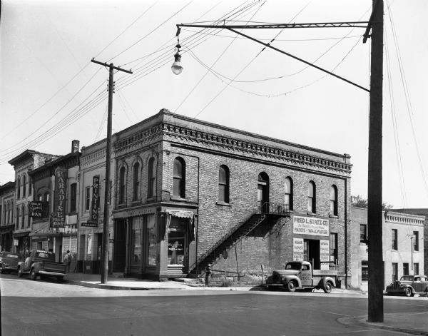 Exterior view of the Fred L. Statz building, 123 West Main Street, located at the corner of West Main Street and Fairchild Street.