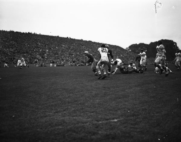 University of Wisconsin football player Gene Evans #46 carrying the ball for a touchdown and Northwestern football player Don Burson #21, defending, during the UW vs. Northwestern game.