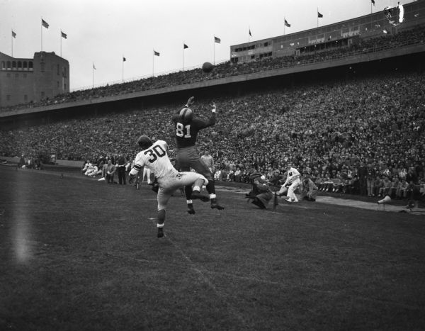 University of Wisconsin football player Tom Bennett #81 jumping for a pass along with Northwestern player Richie Graham #30, at the UW vs. Northwestern game.