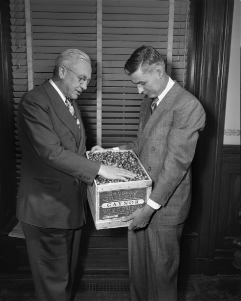 Oscar Rennebohm and an official from the Wisconsin State Cranberry Growers Association with a crate of cranberries. The Gaynor Cranberry Farm of Wisconsin Rapids grew the cranberries which were then processed by Eatmor Cranberries.