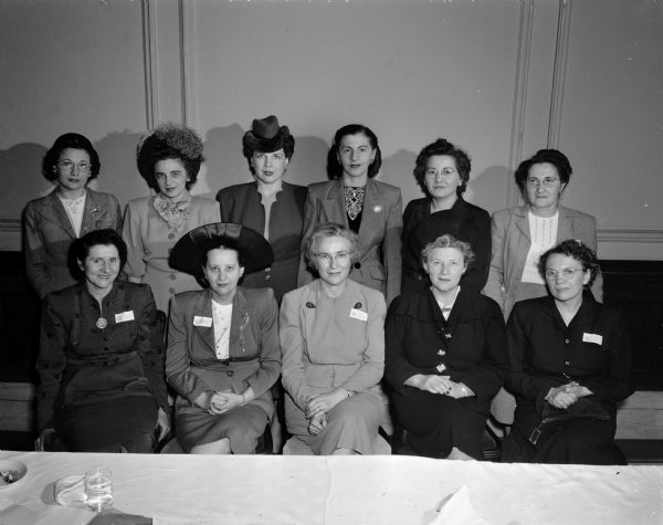 Officers and leaders of the Midwest Regional Hadassah, Jewish women's organization, at their final meeting of the Midwest conference at the Loraine Hotel. Front row, left to right: Mrs. Evelyn Hattis Fox, Oak Park, Illinois; Mrs. Shoolem Ettinger, Indianpolis, Indiana; Redore H. Gordon, Madison; Mrs. Leo Dann, Larchmont, New York; and Mrs. Harry Lovenock, Milwaukee. Second row, left to right: Mrs. Louis Kaplan, Madison; Mrs. M. Geifman, Rock Island, Illinois; Mrs. Henry Salam, Indianpolis, Indiana; Mrs. Irving Lem, Hammond, Indiana; Mrs. Harry Miller, Rockford, Illinois, and Mrs. Jacob Merviss, Milwaukee.