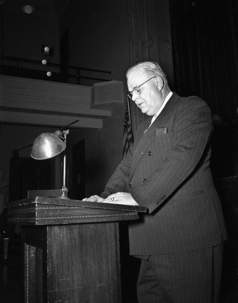 Joseph P. Woolsey, Pres-Treasurer Heilman Baking Co., speaking at a hearing on the possibility of putting West Washington Avenue under the Chicago, Milwaukee, St. Paul and Pacific Railroad tracks.