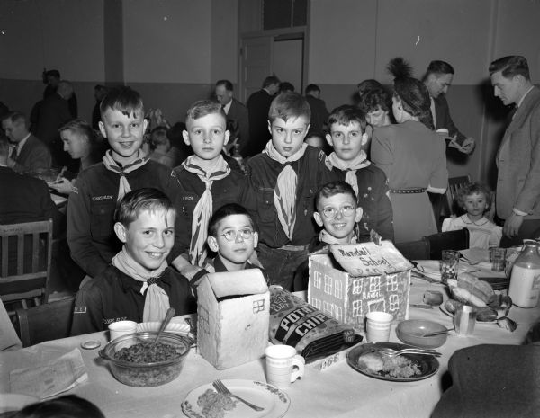 Cub Scouts from Den 5, Pack 302 at Randall School pictured at their annual Blue and Gold Banquet. Pictured left to right: Ed Vanderwall, Robert Kirschberger, Tommy Fox, Tim Frautschi, Matt Fox, Edward Ingraham, and Fred Cassidy.