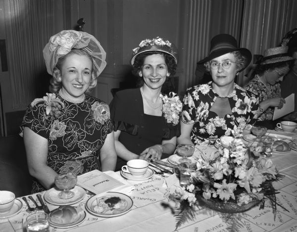 Three members of the Madison chapter of Hadassah at the first annual donor luncheon at the Hotel Loraine. Pictured from left to right are: Mrs. Sam (Ida) Lerner; Mrs. Bernard (Lucille) Rabinovitz; and Mrs. Theodore H. (Beryl) Gordon.