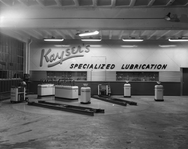 Interior view of the "Specialized Lubrication" center at the Kayser Motors Inc. service garage, 701-702 East Washington Avenue.