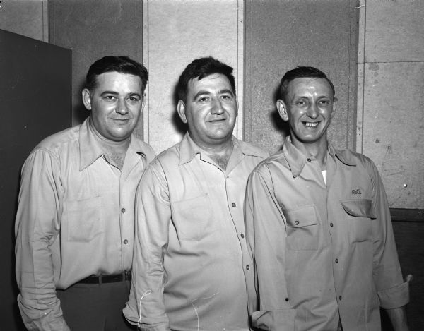 Pictured left to right are Robert Bruni, Edgerton; Edwin "Pat" Bruni, Edgerton, and Emil "Pete" Behrens, Cambridge, winners in the Wisconsin Men's State Bowling tournament. The Bruni brothers took second place in the doubles, while Behrens rolled a perfect 300 game in the singles.