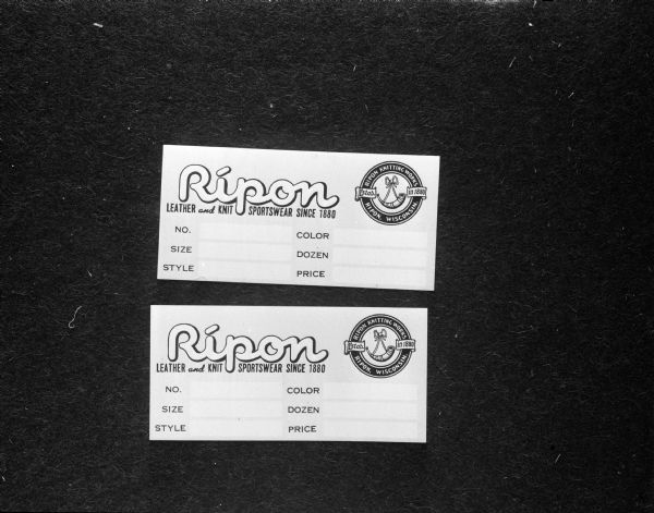 Two labels from Ripon Knitting Works, Ripon, Wisconsin. The label states, "LEATHER and KNIT SPORTSWEAR SINCE 1880."