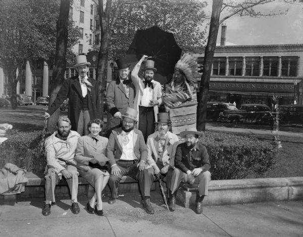 Crawford County Historical pageant participants depict various early citizens. Back row: Russell Kieser, card sharper; Ray Burgess, Irishman; Lawrence Geisler and Jerry Dunbar, an Indian. Front row: Jeff Johnson, frontiersman; Beverly Christianson, assisting with the production, and William Garvey, a cowboy.