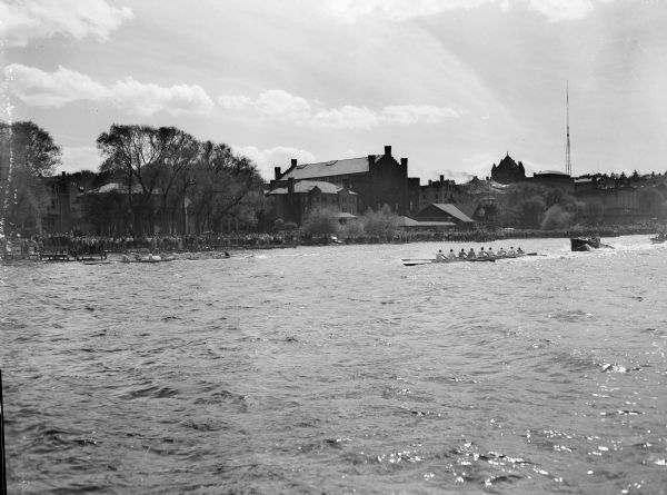 View from water towards shoreline of the University of Wisconsin and Cornell University crew teams nearing the finish line. The Cornell team, nearest to the shore, won the race. The Old Red Gym and the Boat House are seen in the background. A large crowd of spectators are watching along the shoreline.