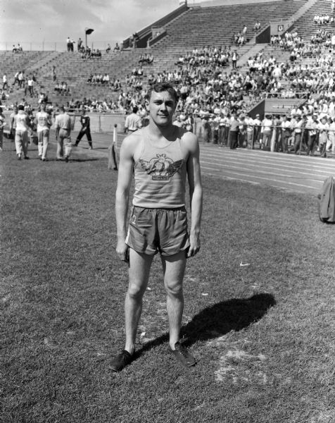 Fred Finn from Madison West High School, class A champions at the state high school track meet at Camp Randall Stadium. He won the low hurdle event.