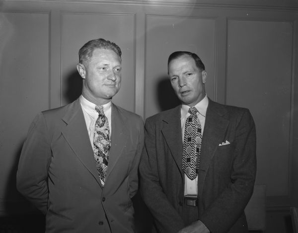 Nine negatives, each with waist-up portraits of two men (wearing very fancy ties). Faculty representatives, athletic directors and football coaches were in Madison for schedule meetings of the Western Conference, The Big 9, drafting schedules for 1950 and 1951.