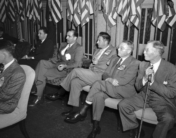 Group portrait of Republican party leaders attending the Wisconsin State Republican Party Convention. Pictured left to right: Representative Alvin E. O'Konski; U.S. Senator Joseph McCarthy; State Senator Warren Knowles; Attorney General Grover Broadfoot, and Secretary of State Fred R. Zimmerman.