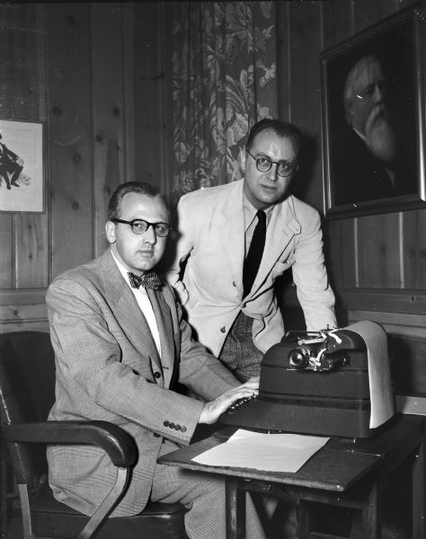 Roy Matson, Editor, and Rex Karney, political writer, both of the <i>Wisconsin State Journal</i>, pictured in Matson's office prior to their leaving to attend the Republican National Convention in Philadelphia, Pennsylvania. A portrait of Amos Wilder is on the right wall.