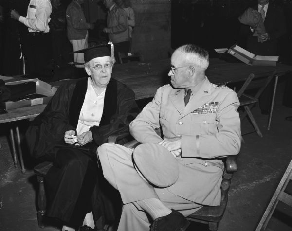Alice Evans, internationally known bacteriologist, chatted before the graduation with General Omar Bradley, army chief of staff.