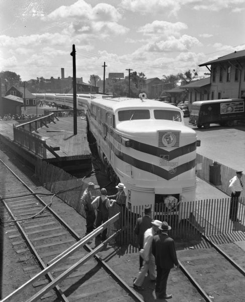 Elevated view of the Freedom Train, on the tracks behind the Chicago, Milwaukee, St. Paul & Pacific Railroad station, 644 West Washington Avenue. The Freedom Train is making a 3,300 mile tour of the nation, bringing 127 documents and relics of American history.