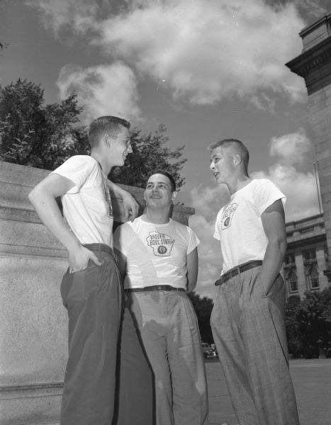 Three Madison boys, wearing Badger Boys' State t-shirts, will be attending Badger Boys' State. From left they are Bob Cnare, Edward Rubin and Dick Roberts.