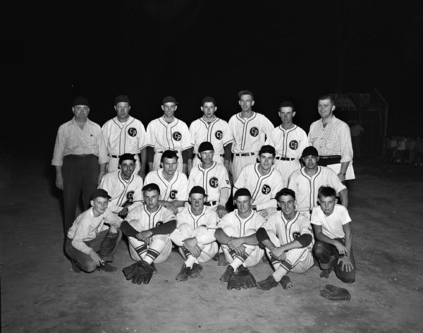 Group portrait of the Cross Plains baseball team. The team repeated as Western section champions, defeating the Middleton team to remain the league's only unbeaten team for the season.