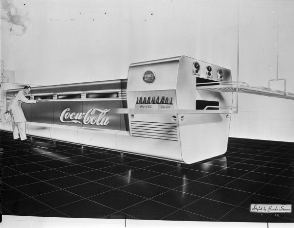 An advertising image of a Coca-Cola bottling machine that was styled by Brooks Stevens with the Brooks Stevens logo in the corner.
