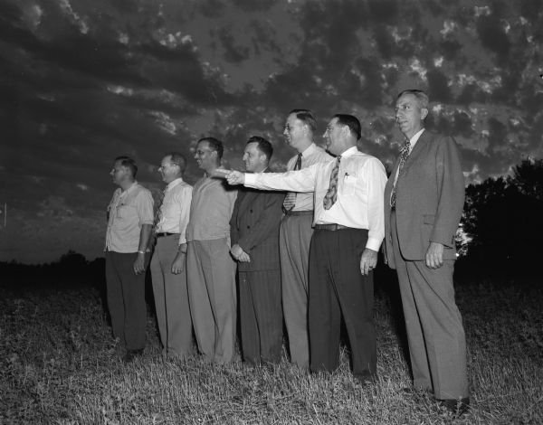 Members of the West Side Business Men's Association shown as they met for the first time at the future site of their new clubhouse and community center on Odana Road. Left to right: Emmett Bergenski, Ben Trumo, Ron Rosa, Karl Rentschler, Vern Geisler, Edward Corcoran, and Senator Fred Risser.