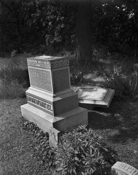 Vandalized tombstone following a beer party held in Evergreen Hill Cemetery, on June 12, 1948.