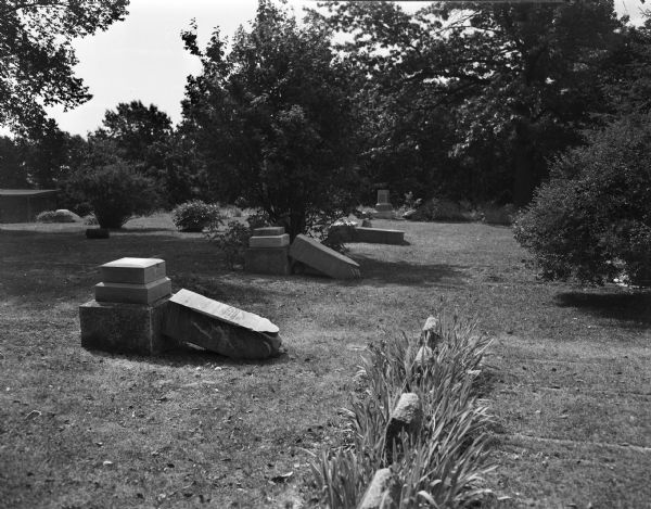 Vandalized tombstones following a beer party held in Evergreen Hill Cemetery, Middleton, on June 12, 1948.