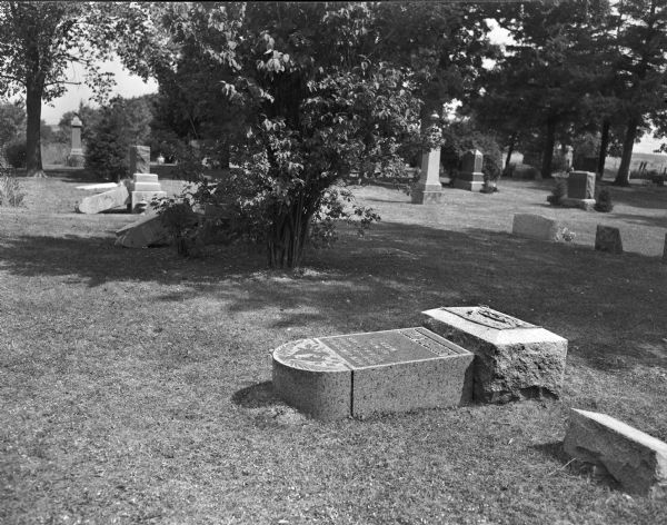 Vandalized tombstone following a beer party held in Evergreen Hill Cemetery, Middleton, on June 12, 1948.