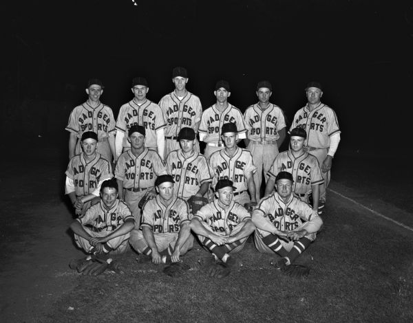Group portrait of the Badger Sporting Goods baseball team. Pictured are, back row: Russ Sengstock, Bob Mansfield, Bob Haarlow, T.A. Cox, Jim Carter, and Manager, Art "Dynie" Mansfield; second row: John Roach, Ray Lenahan, Tom Knoche, Jack Dowd, and Gene Calhoun; front row: Billy Mansfield, John Gerlach, Art Rizzi, and Russ Paugh.