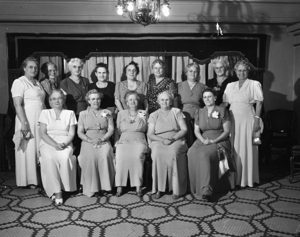 Women who attended the deputy school conducted by the Royal Neighbors of America at the Hotel Loraine. Officers seated in the front row are, left to right, Miss Florence Mitchell, Madison, assistant chairman of the school; Mrs. Myrtle Gunderson, Lone Rock, supreme auditor; Dr. Hada Carlson, Rock Island, Illinois, supreme physician who was in charge of the school; Mrs. Margaret Weise, Kenosha, state supervisor; and Mrs. Gean Lothe, Madison, chairman of the school committee. In the second row are women from around Wisconsin who attended the school.