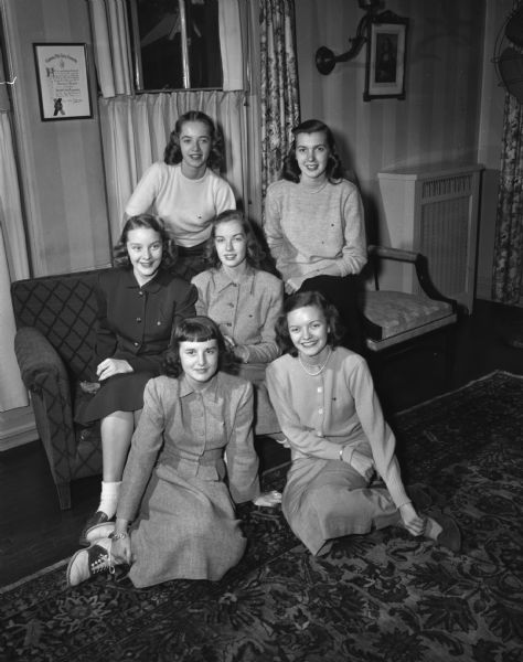Gamma Phi Beta Madison pledges are top row: Betsy Boardman, and Nancy Jean Maloney. Middle row: Jeanne O'Donnell, and Jean Depew; seated on the floor: Jean Day, and Joan Elliott.
