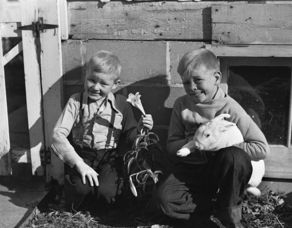 Admiring a late blooming Easter lily in their yard are the sons of Duane Braund, 2634 Union Street. One of the boys is holding a pet rabbit..