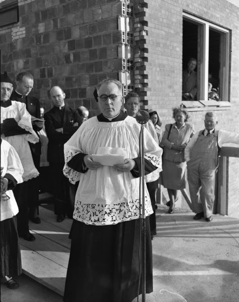 Rt. Rev. Adaltbert Turowski, Vatican City, Rome, father general of the Catholic Pallottine Order which will operate the seminary, shown addressing the audience at the cornerstone laying ceremony for the new Queen of Apostles seminary, 5810 Cottage Grove Road.