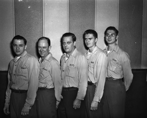 Group portrait of Bee's Tavern men's bowling team that won the team championship in the 1949 men's city bowling tournament. L to R: Stan Thaden, Percy Kanvik, Fritz Siewert, Billy Hoven, and Darrell McCluskey.