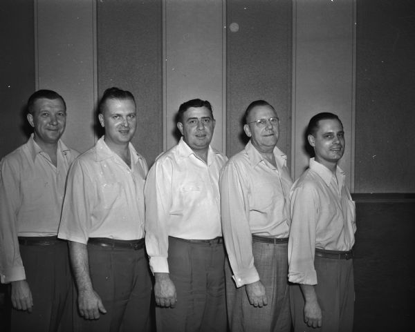 Group portrait of City Car men's bowling team, one of the lead teams in the 1949 Madison Bowling Association city tournament. L to R: Dolph Friede, Mel Schwoegler, Frank "Moon" Molinaro, Ray Farness and Ralph Brown.