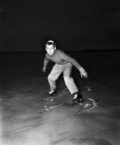 Dick Simonson, a young Madison ice skater who placed third in the boys juvenile division of the Silver Skates meet in Milwaukee.