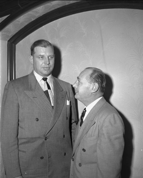 University of Wisconsin Athletic Director, Harry Stuhldreher, shown with prospect for the head football coach position, George Svendsen. Mr. Stuhldreher recently resigned as head football coach.