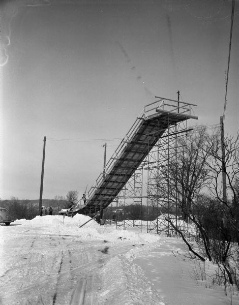New junior ski jump at Hoyt Park. The jump is thirty-five feet high and is estimated to allow up to sixty-foot jumps under ideal conditions.