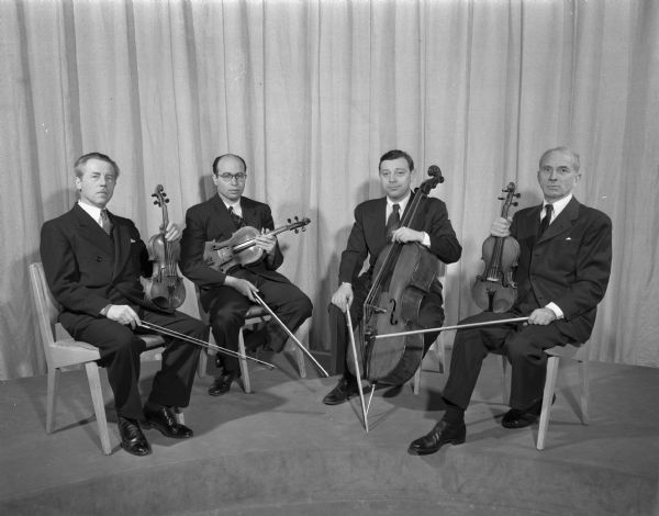 Pro Arte Quartet. Left to right: Albert Rahier, second violin; Bernard Milofsky, viola; Ernest Friedlander, cello; and Rudolf Kolisch, first violin. The first violin player, Kolisch, learned to play left handed following an accident.