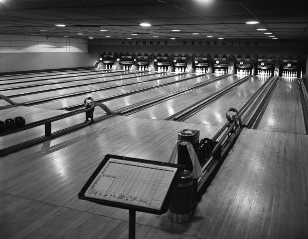 Interior view of the Moderne Recreation Bowling Alley lanes, 317 West Gorham Street.
