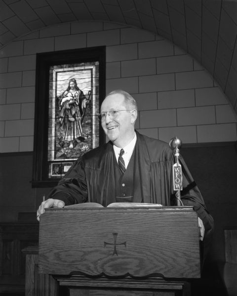 Pastor Charles R. Polley, at the pulpit in the Madison Bible Fellowship Church, 1704 Roberts Court.