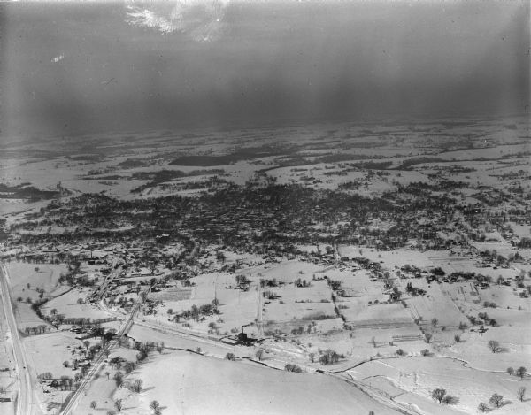 One of five aerial views of Platteville and surrounding countryside covered in snow.