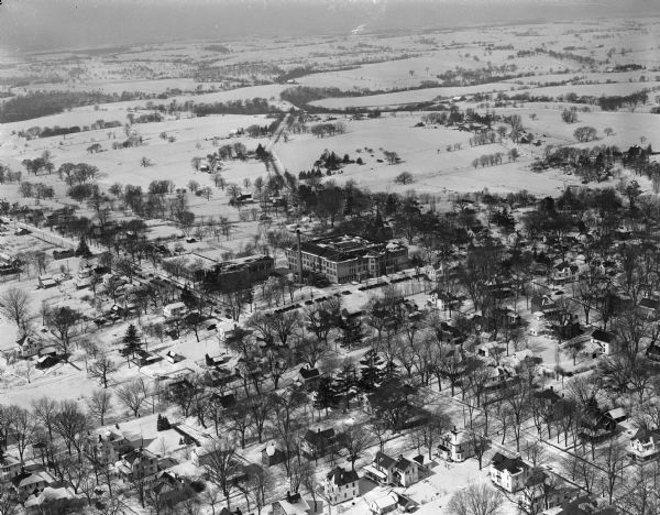 One of five aerial views of Platteville and surrounding countryside covered in snow.