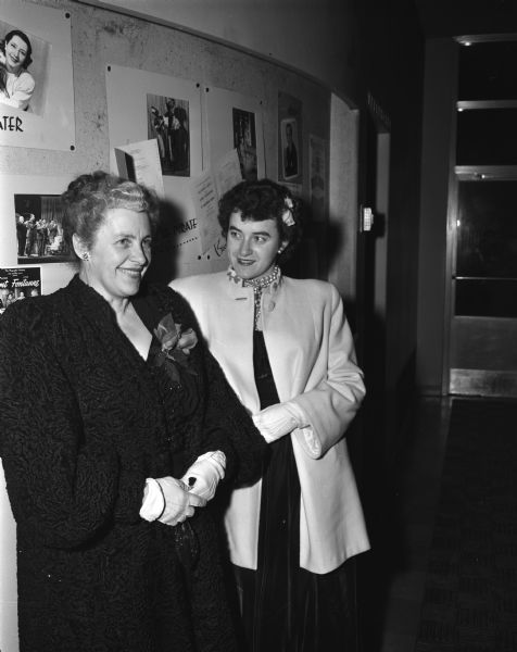 Harriet Hass and her daughter Georgia Hass at the premiere performance of the Alfred Lunt-Lynn Fontanne play "I Know My Love" at the Wisconsin Union Theater.