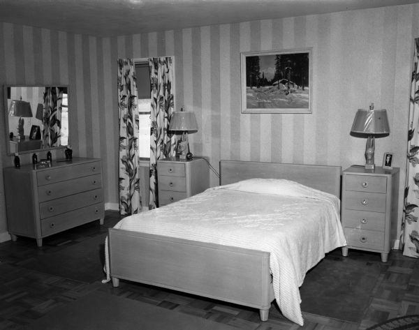 Interior view of the Westye Bakke house at 4818 Odana Road (now 4817 Sherwood Road) showing a bedroom.