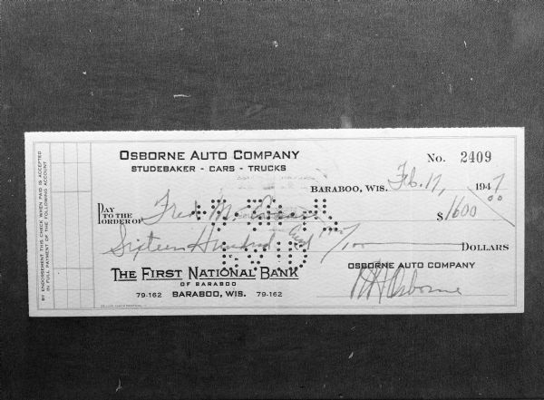 The front of a canceled check that established a discrepancy in the 1947 income tax return of Judge Fred M. Evans.