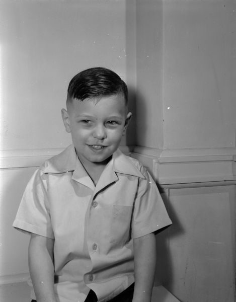 Six Irish kindergarteners at Edgewood School. Individual photographs of Jimmy Farrell, Patricia Sweeney, Jean Shannon, Keith Lawler, Colleen McCormick, and Tommy Tormey.