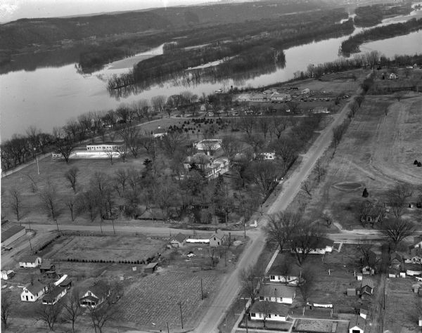 Aerial view of Prairie du Chien showing the Mississippi River in the background.