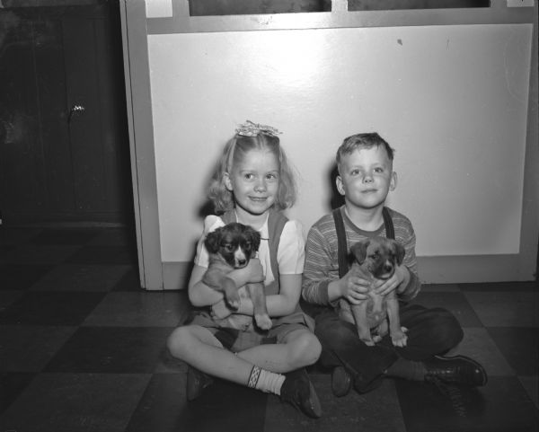Two children pose with puppies found at Washington School. On the left is Nancy Anderson, 19 N. Broom Street.  On the right is Johnny Melby, 519 W. Washington Avenue.
