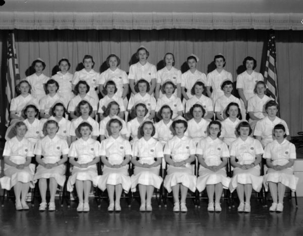 Group portrait of the 36 nursing students who received their caps in a ceremony at Madison General Hospital.